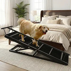 Pet Ramp Folding Portable Wooden Dog & Cat Ramps for Couch or Bed, Including Non Slip Mat & Safety Side Rails, 64.2 Inch Long and Height Adjustable from 13.4 Inch to 38 Inch Up to 110 Lbs