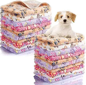 Chumia 40 Pcs Blankets Soft Fluffy Fleece Washable Pet Dog Sleep mat Paw Print Pattern Fleece Blankets for Pets Throw Warm Bed Mat for Dog Puppy Cat (24 x 16 Inch,Pink, White, Brown, Purple)