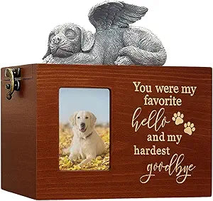 Dog Urn for Ashes Box with Picture Black Funeral Cremation Box Wooden Keepsake with Flannel Lining for Loss of Pet Remembrance Gift (Dog Urn-Red Brown Hello-Large)
