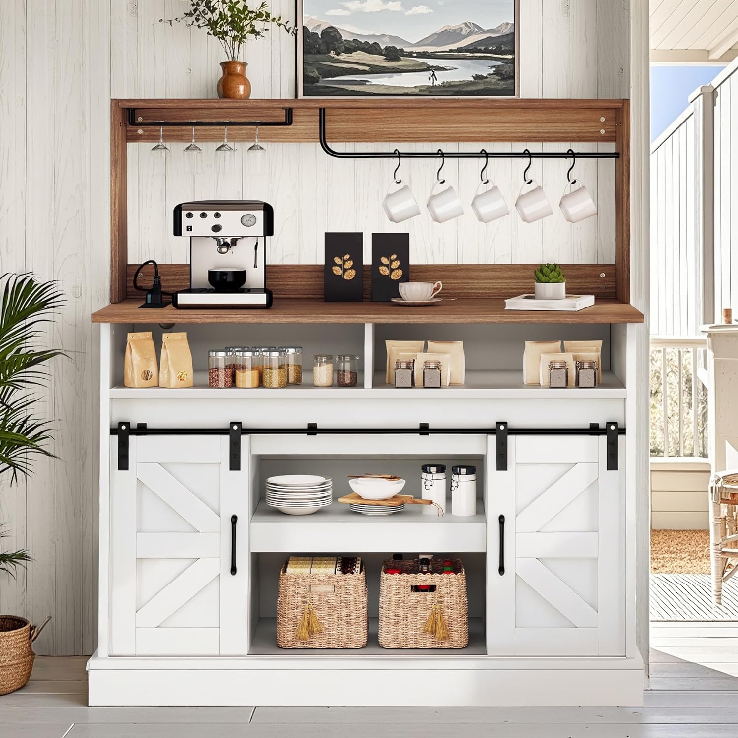 YITAHOME 47" Coffee Bar with Goblet Holder & Power Outlet, Buffet Cabinets with Storage,Farmhouse Sideboard Cabinets with Sliding Barn Doors for Kitchen, Living Room (White)