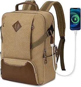 Kasqo Laptop Backpack 15.6 Inch Canvas Waterproof Anti Theft Business Travel College Computer Bag 18.8L Carry on Bag with USB Charging Port for Women Men, Khaki