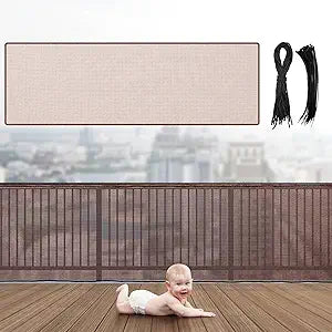 Hosuly Banister Guard 50 x 3 ft Balcony Netting for Kids Pets Stairway Safety Net Baby Fence Door Balcony Netting Safety Mesh Stair Net with No Drilling for Apartment Railing(Brown)