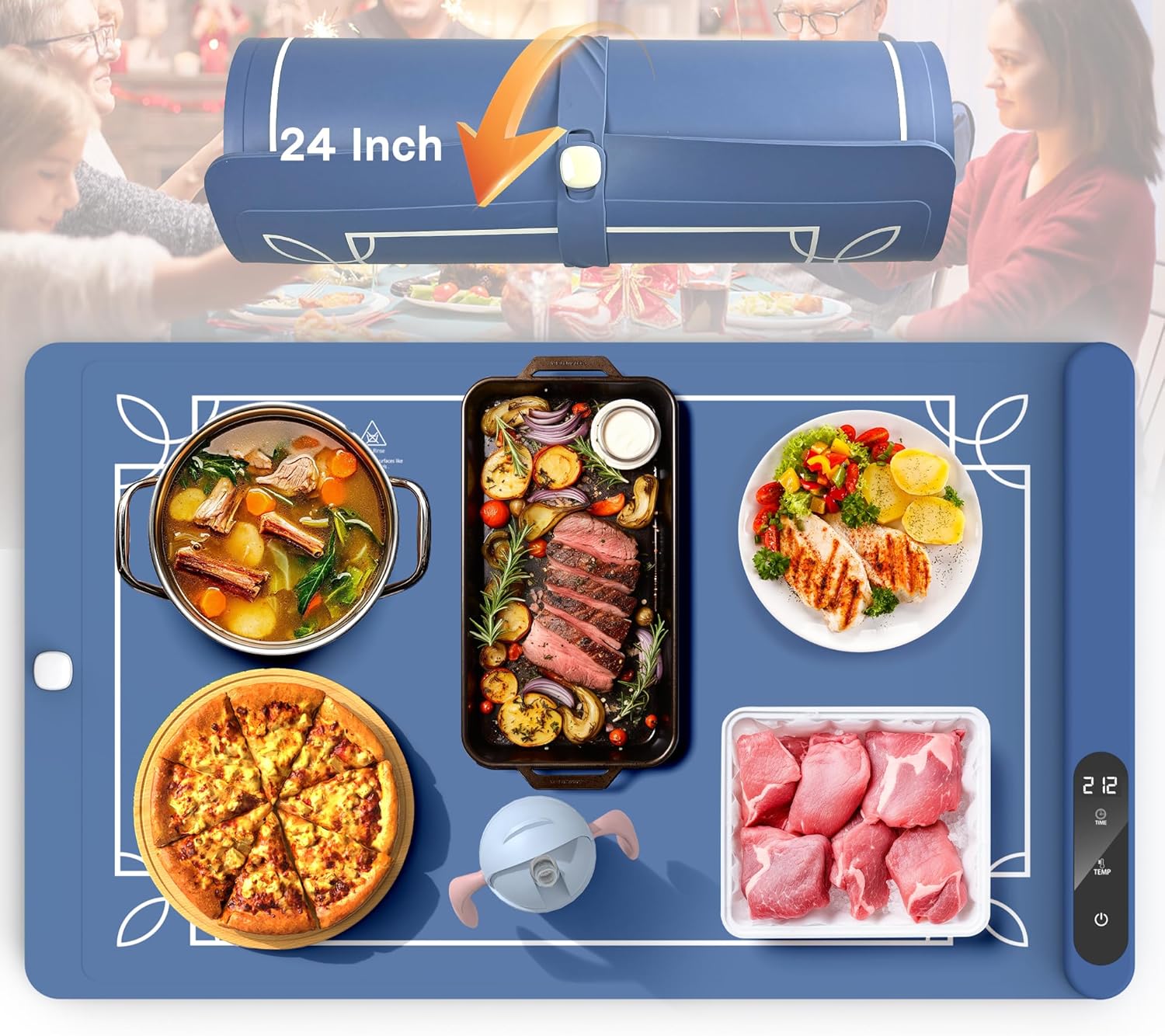 Cooksir Electric Warming Mat - Foldable Tray, Full Surface High-tech Graphene Warmer for Food, Buffets, Parties, Gatherings, Holidays, Timer, 6 Level Temperature, 24 Inch (Navy Blue)