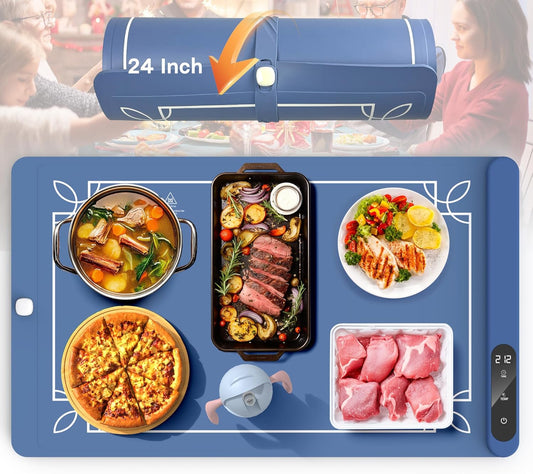 Cooksir Electric Warming Mat - Foldable Tray, Full Surface High-tech Graphene Warmer for Food, Buffets, Parties, Gatherings, Holidays, Timer, 6 Level Temperature, 24 Inch (Navy Blue)