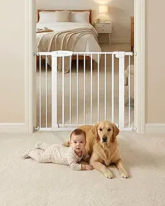 Baby Gate for Stairs, 29.92-38.98â€ Wide Pressure Mounted Baby Gate No Drill Needed, Auto Close Dog Gate for Doorways, Easy Walk Through Safety Child Gates for Toddler & Pet/Puppy, Indoor, White