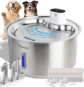 2.8Gal/11L Cordless Dog Water Fountain for Large Dogs, Petsamuse 5000mAh Battery Operated Stainless Steel Dog Fountain Water Bowl with 2 Quiet Pumps Wireless Pet Water Fountain with 15 Filters