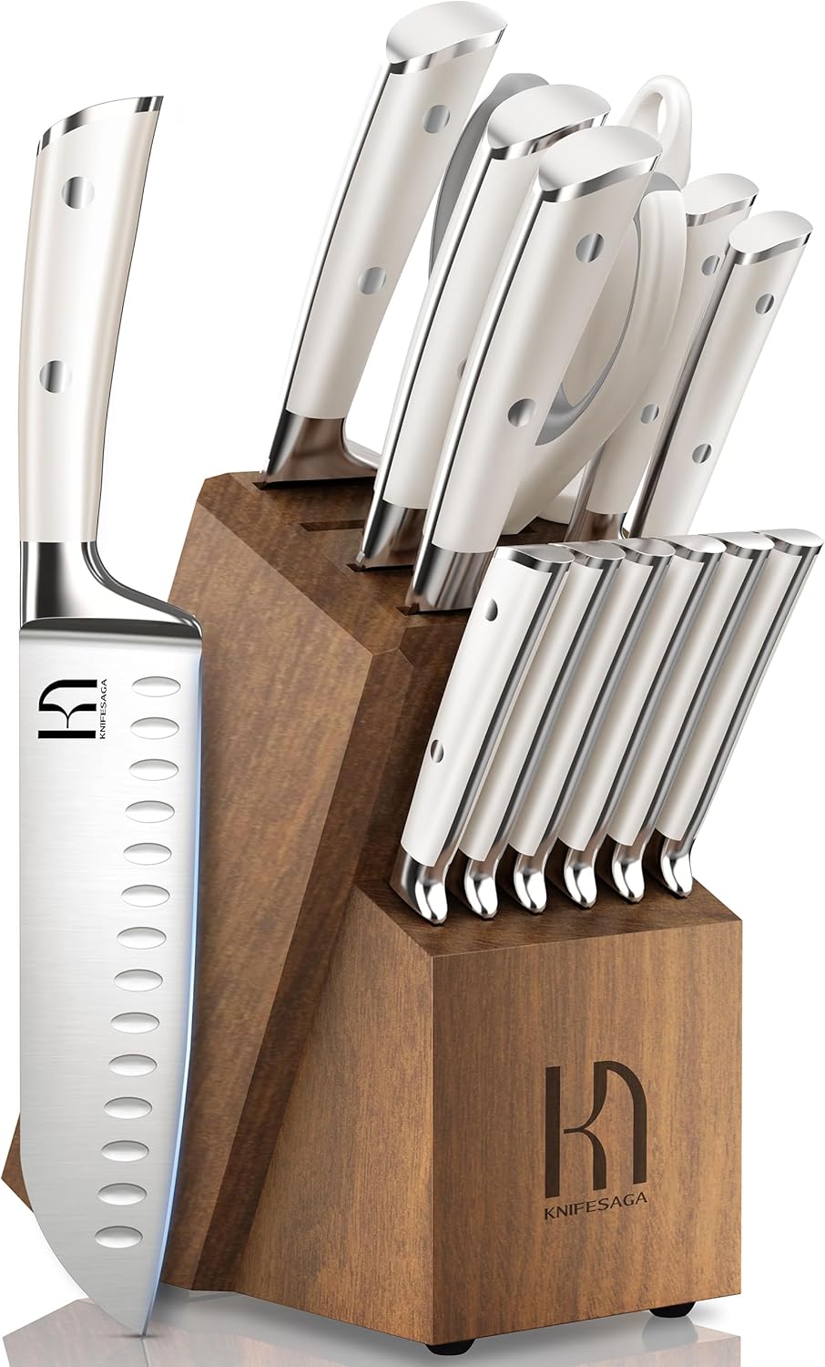 KnifeSaga Knife Set, Premium 15 Piece Japanese High Carbon Stainless Steel Knives Set for Kitchen with Block and Sharpener, Razor Sharp Kitchen Knife Block Sets with Ergonomic Full-tang Handle, White