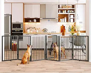 Vantas Folding No-Assembly Metal Pet Gate 120" Wide, 32" Extra Tall Dog Gate with Door Walk Through, Freestanding Accordion Puppy Gate Dog Door for Indoor & Outdoor, with 2PCS Support - Black