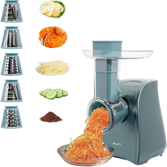 ASLATT One-Touch Control Cheese Grater Machine - Electric Shredder for Vegetables, Fruits, Potato - Salad Maker with 5 Free Attachments, Green