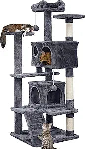 Yaheetech 54in Cat Tree, Multi-Level Cat Tower with Spacious Kitten-ear Perch, 2 Cozy Caves, Scratching Posts, Climbing Ladder, 2 Plush Balls, Durable Pet House Furniture for Indoor Kittens, Dark Gray