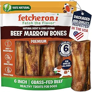 Marrow Bones for Large Dogs, 6 inch Natural Dog Bones for Aggressive Chewers, Long Lasting Treats, Grain-Free, Rawhide Alternative, Dental Health Snack, USA Packaged, Low Odor (6 Pack)