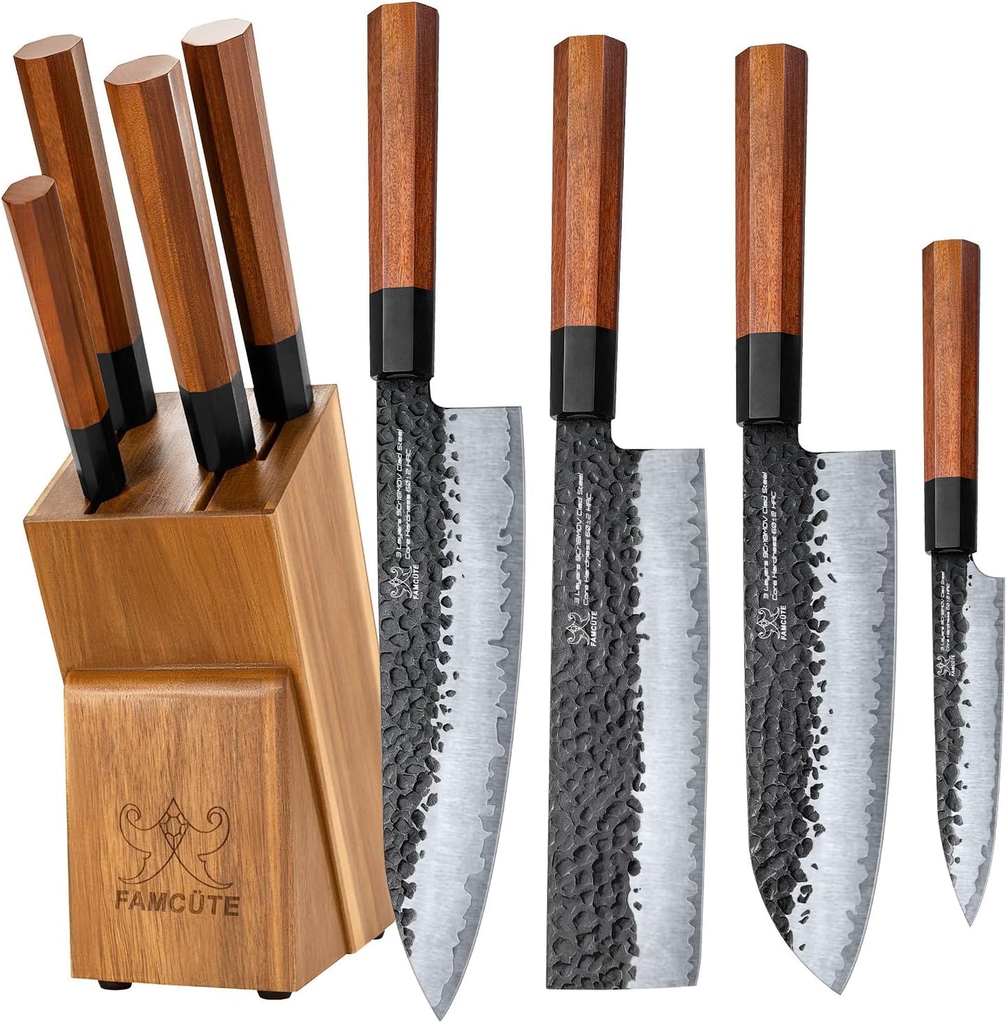 FAMCüTE Japanese Knife Block Set, Hand Forged 5-Layer 9CR18MOV Clad Steel Ultra Sharp Kitchen Knives with Wooden Storage & Rosewood Handle, Includes Chef, Santoku, Nakiri, Fruit Knife for Home Mom\/Dad
