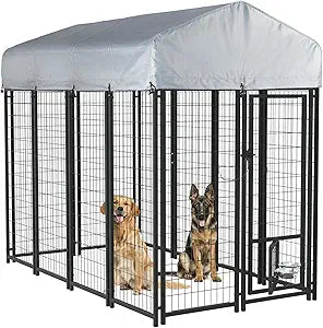 LEMBERI 8x4x6 FT Outdoor Dog Kennel for Large Dogs, Heavy Duty Welded Wire Steel Dog Playpen Fence with Secure Lock, Pet Pen with UV-Resistant Waterproof Roof Cover for Outside