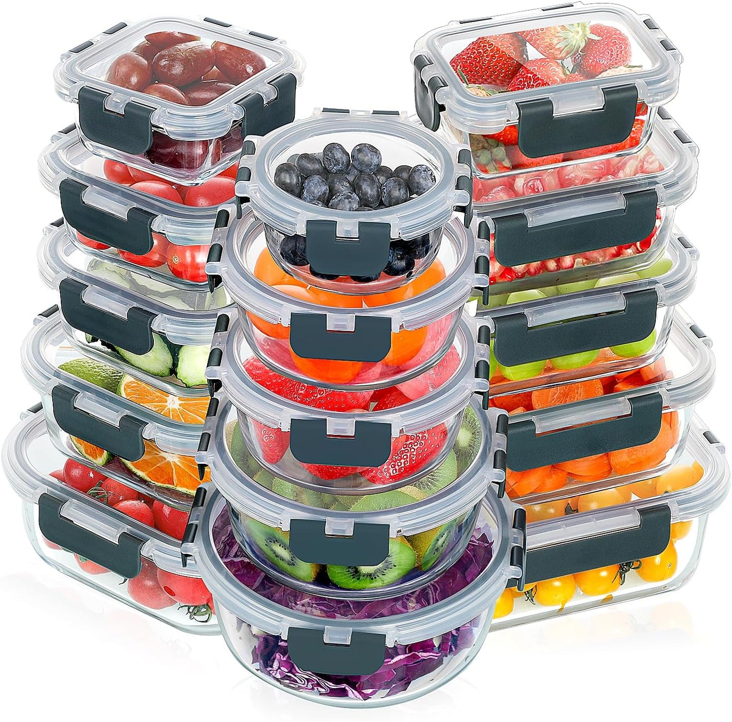 VERONES 30 Pieces Glass Meal Prep Containers Set, Stackable Glass Food Storage Containers with Lids-Airtight Glass Lunch Containers，for Microwave, Oven, Freezer & Dishwasher,Grey