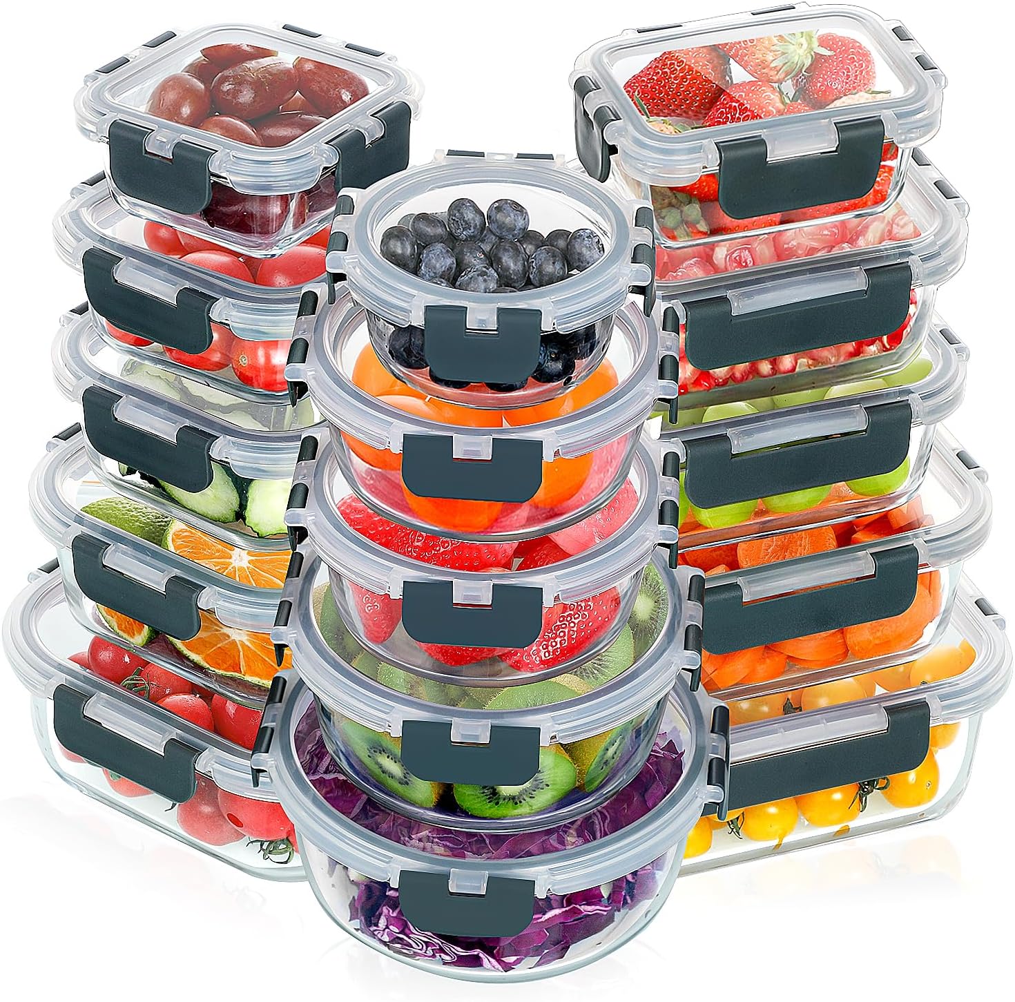 VERONES 30 Pieces Glass Meal Prep Containers Set, Stackable Glass Food Storage Containers with Lids-Airtight Glass Lunch Containers，for Microwave, Oven, Freezer & Dishwasher,Grey