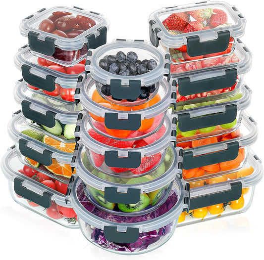 VERONES 30 Pieces Glass Meal Prep Containers Set, Stackable Glass Food Storage Containers with Lids-Airtight Glass Lunch Containers，for Microwave, Oven, Freezer & Dishwasher,Grey