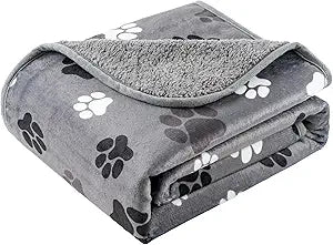 Waterproof Dog Blankets Pet Blanket 50"x60", Soft Fluffy Sofa Car Bed Protector, Reversible Sherpa Fleece Dog Blanket for Large Dogs (Dark Grey-Paws)