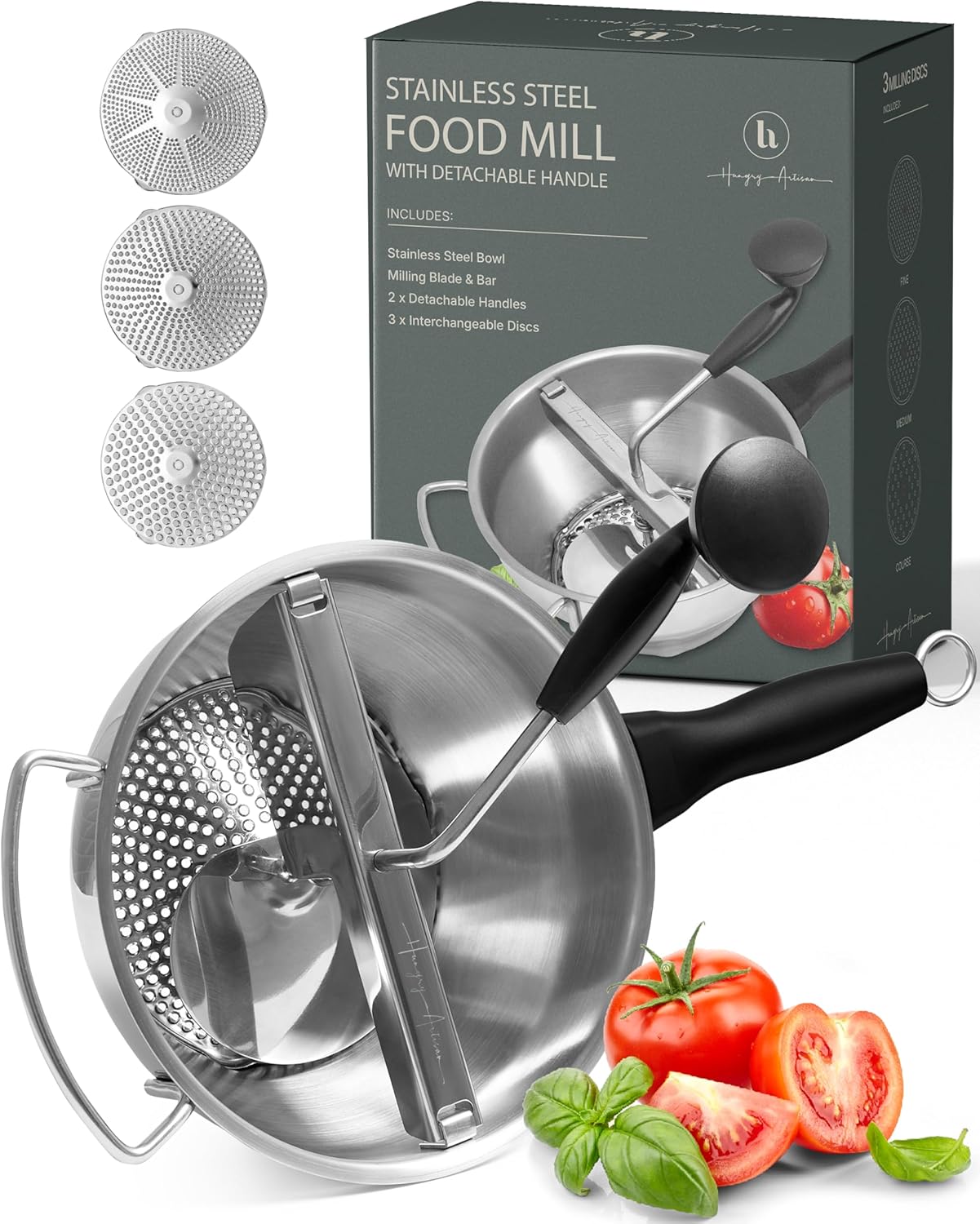Stainless Steel Food Mill with Detachable Handles – Hand Crank Grinder for Baby Food, Tomato Sauce & Mashed Potatoes – Includes 3 Discs – Easy to Use & Clean – Great for Home Chefs, Parents & Canning