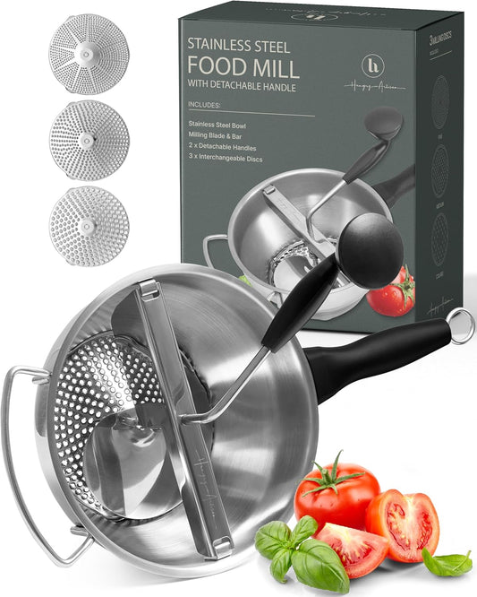 Stainless Steel Food Mill with Detachable Handles – Hand Crank Grinder for Baby Food, Tomato Sauce & Mashed Potatoes – Includes 3 Discs – Easy to Use & Clean – Great for Home Chefs, Parents & Canning