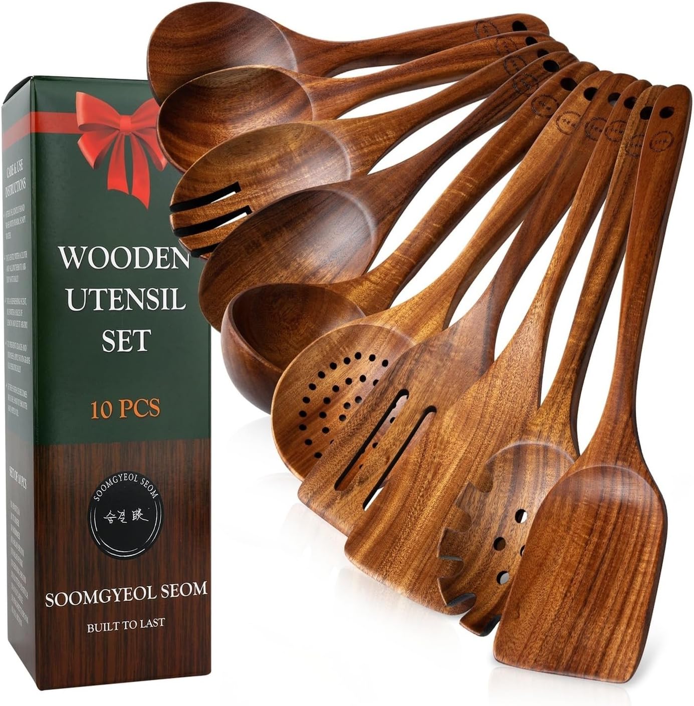 100% Natural Teak Wood Wooden Utensil Set \u2013 Non-Stick & Heat Resistant \u2013 10 Pcs Durable Kitchen Spoons for Cooking, Eco-Friendly & Comfortable Grip