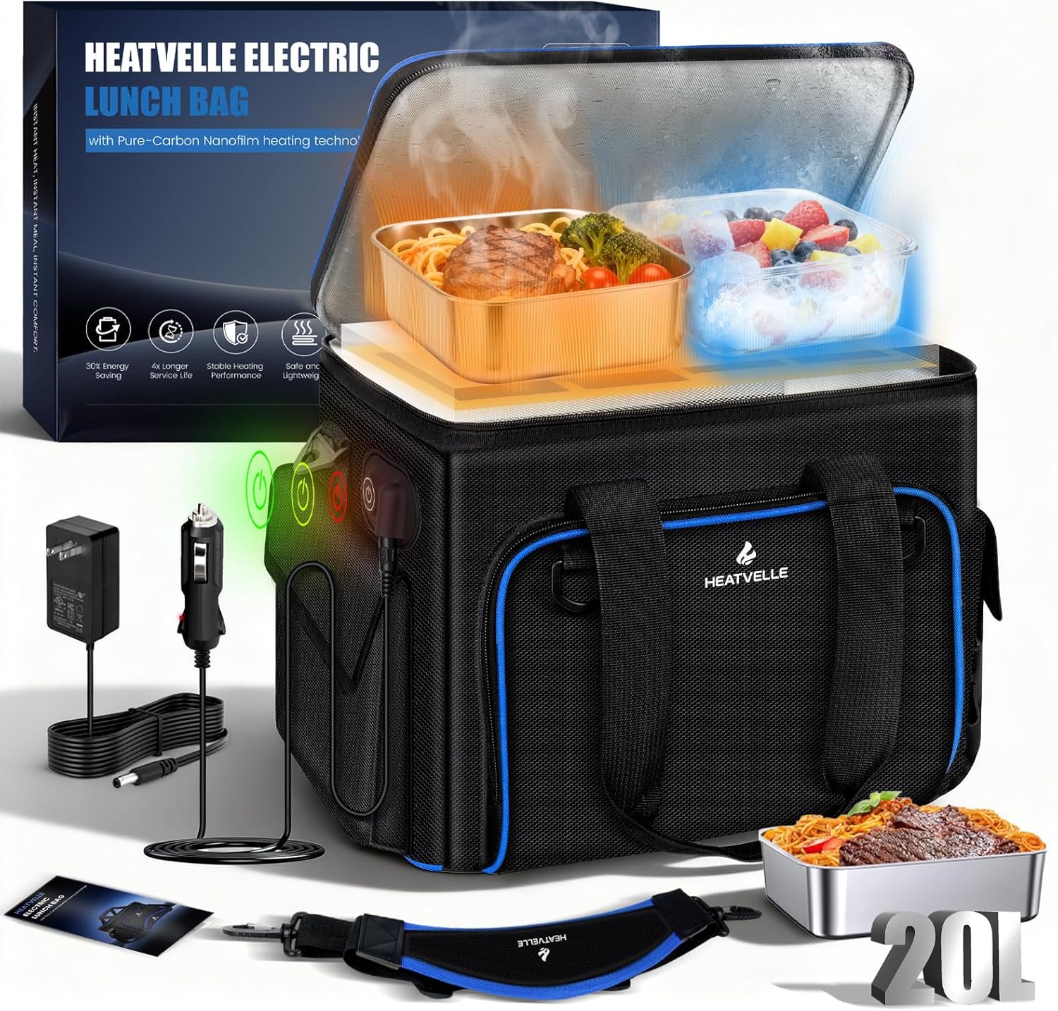 20L Heated Lunch Box Insulated Lunch Bag, 3-Temp Adjustable Electric Lunch Box for Adults, 12V/24V/110V Portable Food Warmer Microwave for Truck/Car/Work/Travel, Lonchera Eléctrica Portátil