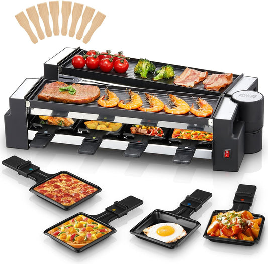 FOHERE Raclette Grill, 2-in-1 Rotatable Electric Indoor Raclette Table Grill, 1400W Raclette Machine for 8 with Reversible Non-Stick Plates, Includes 8 Cheese Pans for Family and Parties Fun