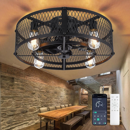 Depuley Flush Mount Ceiling Fan: 20" Caged Ceiling Fans with Lights and Remote App Control for Kitchen Bedroom Farmhouse - Rustic Low Profile Ceiling Fandelier Lights Reversible 6 Speed Timer Black