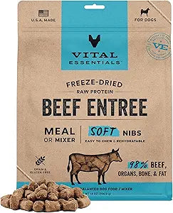 Vital Essentials Freeze Dried Dog Food, Raw Beef Soft Nibs | Complete Meal or Topper | 98% Beef, Organs & Bone | Limited Ingredient, High Protein, Grain Free Dry Dog Food | 14 oz Bag