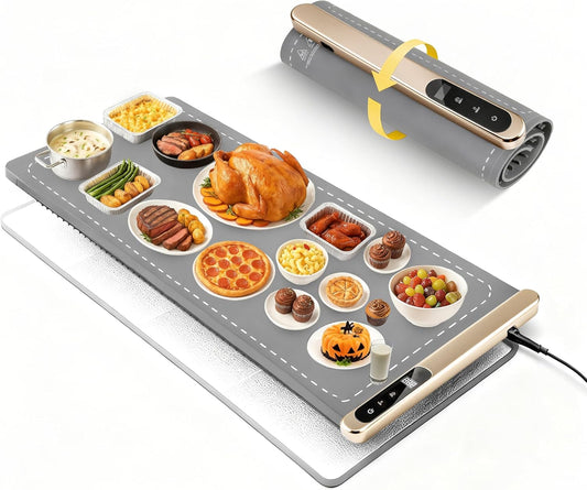 Graphene Food Warming Mat Extra Large 43"x16" with Insulation Pad for Countertop, 560W Electric Warming Tray Mat for Buffet, Food Warmer for Parties & Gatherings, 6 Heat Levels & 6 Timer, Gray Gold
