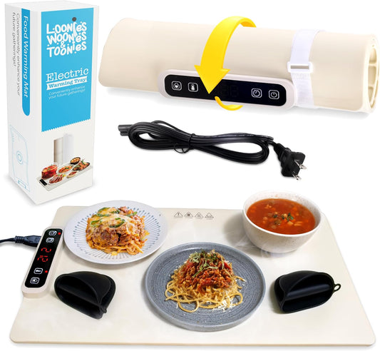 Electric Warming Mat for Food – Full-Surface Food Warming Mat, Adjustable Temperature, Black Mitten Holders, Easy to Clean, Kitchen Countertop Secure
