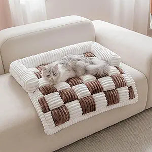 Couch Covers for Dogs and Cats, Fuzzy Dog Sofa bed with Cream Square Plaid, Plush Pet Couch Cover Bed, Thickened Quilted Furniture Protector Mat for Large Medium Pets (Dark Brown 27.56"*27.56")