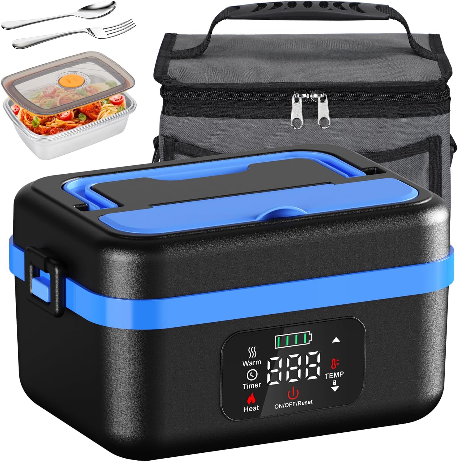 Cordless Electric Lunch Box, Battery Powered Heated Lunch Boxes, 1 Liter Food Insulated Food Warmer Box with Fork and Spoon Insulated Carrying Pouch for Truck Drivers Blue Collar and Adults