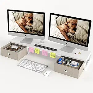 Mexin Dual Monitor Stand Riser with 2 Drawers - 39Inch Large Storage Computer Monitor Stands for 2 Monitors, Wooden Desktop Organizer Perfect for Home Office Desk, Computer, Laptop, TV, White