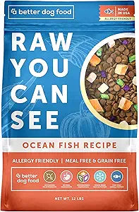 A Better Treat | Allergy Friendly Ocean Blend Dry Dog Food | Raw You Can See | No Chicken, No Grain, No Meal Ingredients | Fish Only Animal Protein |Stomach Soothing Kibble + Freeze Dried Raw Dog Food