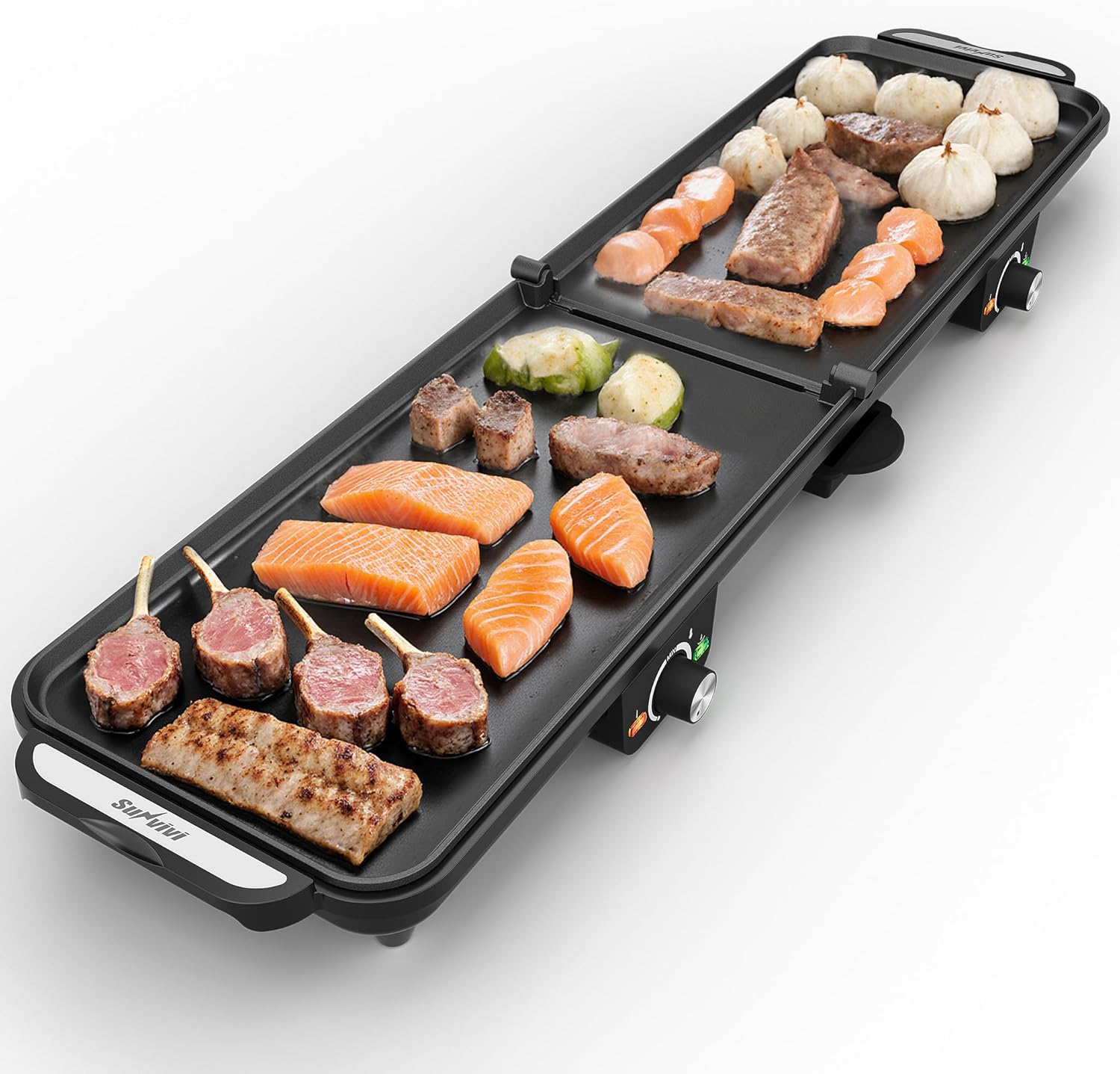 Sunvivi Electric Griddle Flat Grill: Indoor Grill with 2 Adjustable Temp Knobs, Nonstick Cooking Plate, Large Grill Pan with Drip Tray, 2 Cooking Zone (17.5'' x 9''), Easy to Clean