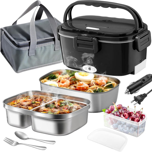 Electric Lunch Box for Adults 100W Fast Heated Lunch Box for Men Women with Dual 1.5L Stainless Steel Containers Fast Heating Portable Food Warmer 12V/24V/110V Lunch box, Home/Office/Truck