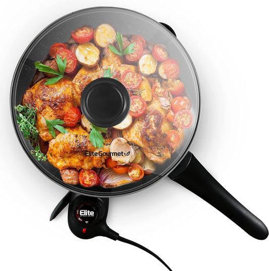 Elite Gourmet EG6207# Scratch Resistant 10.5-inch (2Qt) Fry Pan, Easy-Pour Spout Dishwasher Safe, Non-stick Electric Skillet with Vented Glass Lid, Adjustable Temperature, Black