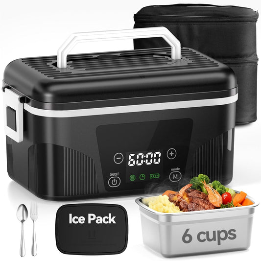 DOLOPL Cordless Heated Lunch Box for Men Women, 6-Cup Scheduled Self Heating Lunch box with Battery Powered - Portable Rechargeable Electric Food Warmer with Ice Pack for Work, Office, Travel, Outdoor