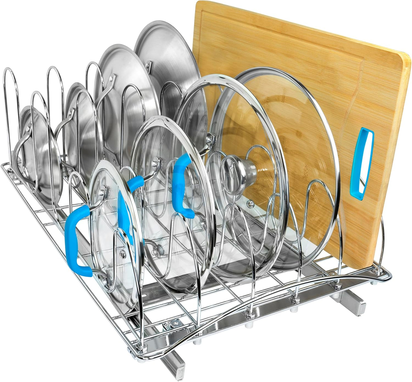 LYNK PROFESSIONAL® Pull Out Pot Lid and Cookie Sheet Organizer Rack for Cabinet - Lifetime Ltd. Warranty - Sliding Kitchen Organizers \u2013 Pans, Lids, and Tray Storage - 14W x 21D, Extra-Large, Chrome
