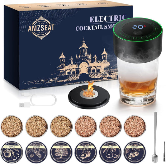 AMZSEAT Electric Whiskey Smoker Kit-Rechargeable Cocktail Smoker Set with 6 Wood Chips-Unique Bourbon Ideal Christmas, Birthday, Gifts for Men, Dad, Husband（black）