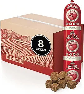 Redbarn Pet Products Premium Rolled Dog Food, Semi-Moist, Beef Recipe - High Protein Full Feed, Topper, Training Treat, or Pill Pouch - Balanced Meal with Functional Ingredients - 4 lb, 8 Rolls