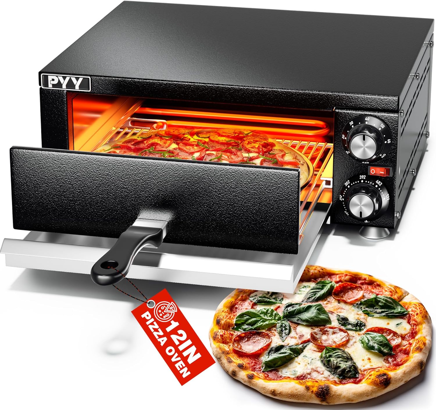 PYY Electric Pizza Oven - Indoor Countertop Pizza Oven 1100W, Commercial Pizza Maker Machine for Home with Timer Stainless Steel Pizza Cooker