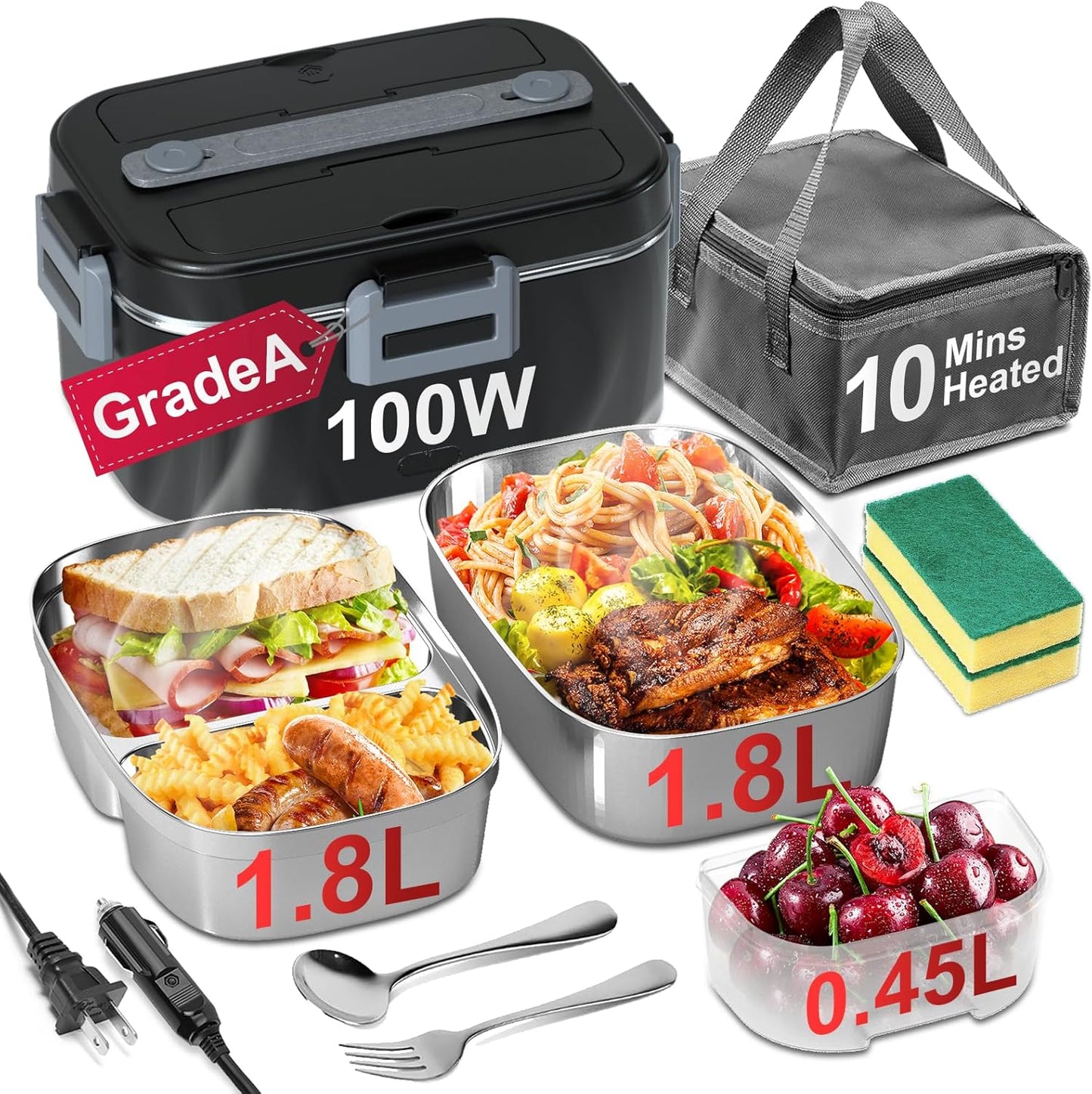 Epinovo Electric Lunch Box for Adults - 2 Pack 1.8L Container 100W Fast Heated Lunch Boxes for Men Portable Food Warmer for Car, Truck, Office(12V\/24V\/110V)