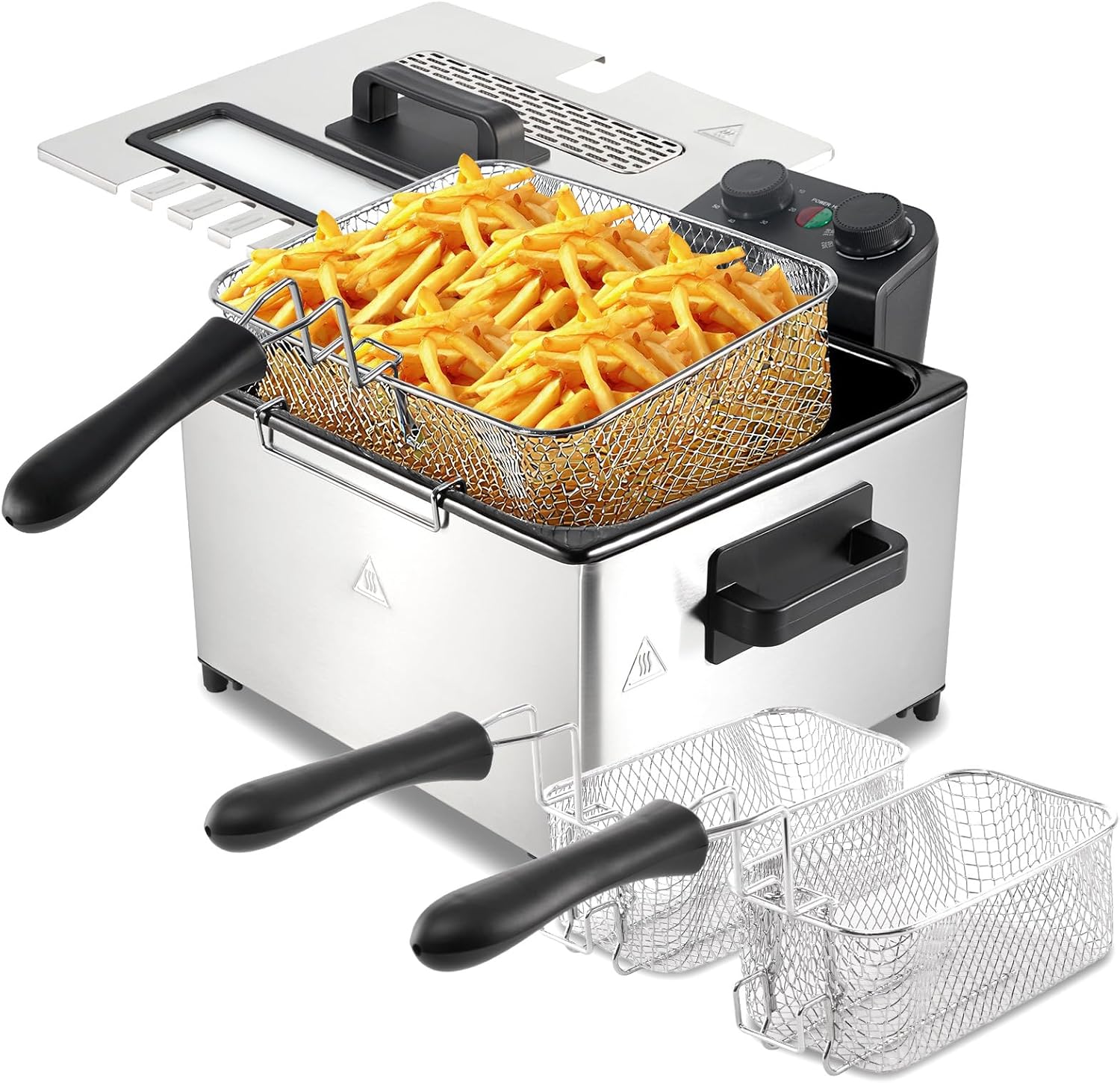 5L Deep Fryer with Basket,1700W Electric Deep Fryer with 3 Frying Baskets for Home Use,Adjustable Temperature,View Window Lid,Countertop Stainless Steel Body Double Fryers Pot,Dishwasher Safe