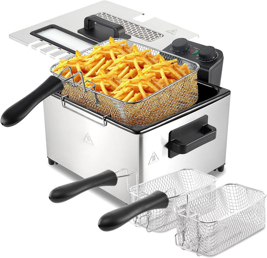 5L Deep Fryer with Basket,1700W Electric Deep Fryer with 3 Frying Baskets for Home Use,Adjustable Temperature,View Window Lid,Countertop Stainless Steel Body Double Fryers Pot,Dishwasher Safe