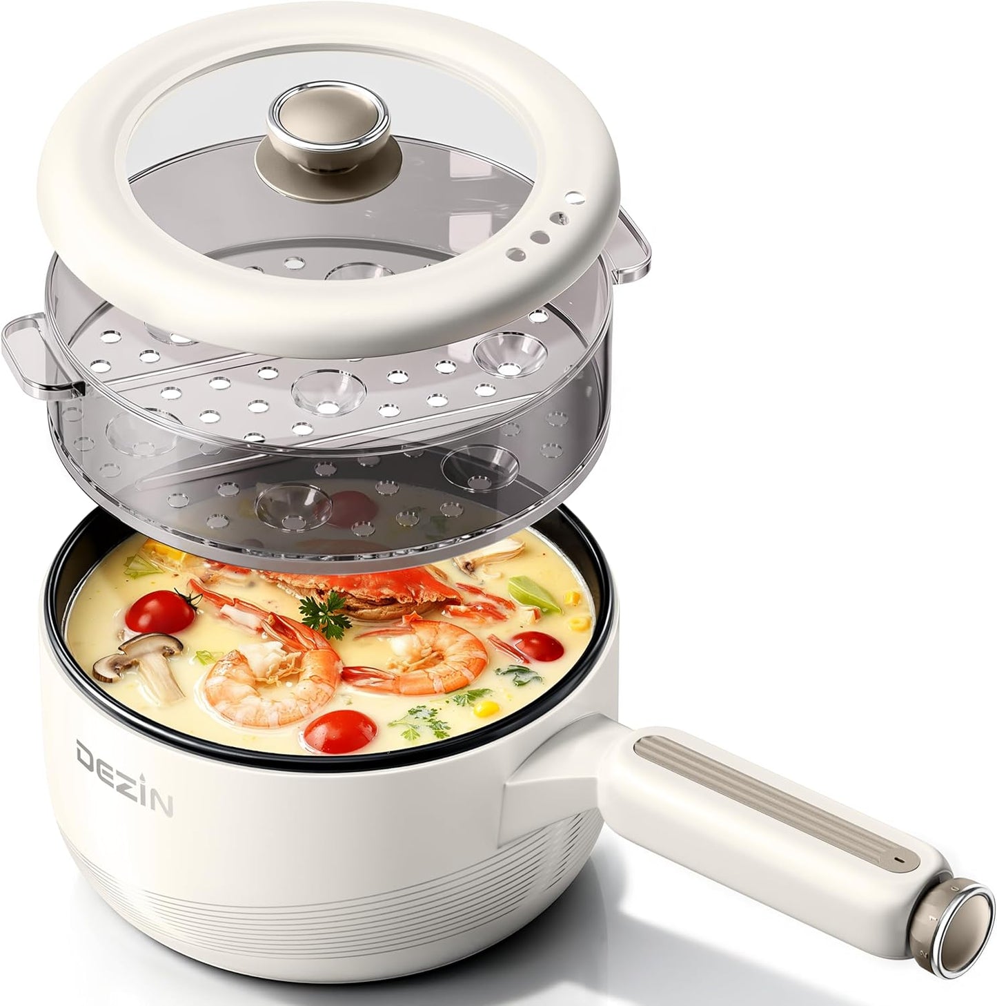 Dezin Electric pot with Steamer, 2L Non-Stick Saut Pan, 5-in-1 Multifunctional Hot Pot Electric for Steak, Fried Rice, Oatmeal, Soup, Dual Power Control, Portable Pot for Dorm, Office & Small Kitchen