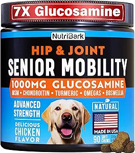 Glucosamine for Dogs -1000mg- Senior Dog Joint Supplement -Advanced Hip & Joint Support Chews w/Glucosamine, Chondroitin, MSM, Turmeric & Omega 3 for Pain & Inflammation Relief, Improved Mobility
