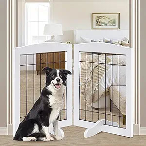 LZRS 2-Panel Freestanding Adjustable Wooden Dog Gateâ€”30â€ Tall Foldable Pet Barrier with Support Feet, Solid Hardwood & Chew-Resistant Steel Wire for Doorways, Hallways, and Stairs, White