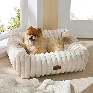 Bedsure ComfyFleece Cute Dog Bed for Small Medium Dogs - Washable Furry Puppy Beds, Rectangle Orthopedic Corduroy Fleece Pet Beds with Removable Zipper Cover, 25x21x7inches, Cream