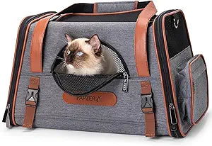 Heavy-Duty Premium Pet Carrier, Medium to Large Cat Carrying Bag with Seatbelt Strap Car Travel, Top & Side Load Crate Durable Foldable Kennel Cage for Small Dogs Under 10 lbs Leather